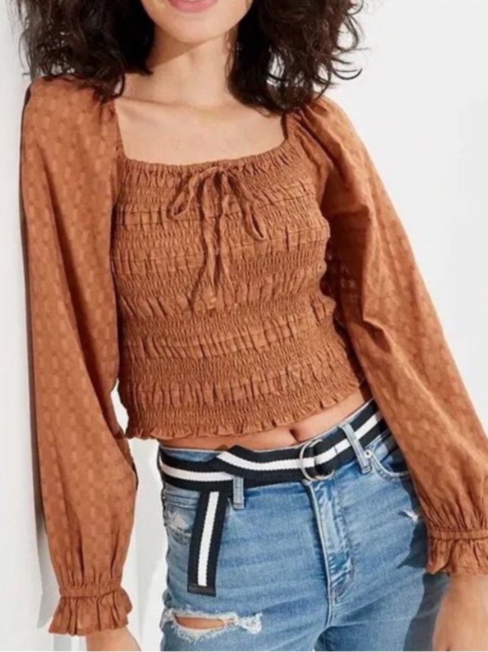 American Eagle Outfitters Puff Sleeve Square Neck Smocked Top Neutral Brown S